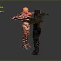 Golden Armored Female Character And Black Armored Creature With Weapon Shield In Confrontation Pose