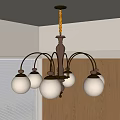 Wooden Chandelier With Metal Arms And Five White Glass Shades In Room With Wooden Cabinets And Window Blinds