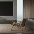 Minimalist TV Wall In Living Room With Wooden Shelf And Chair