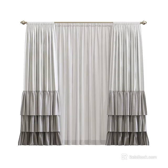 Elegant Gray And White Curtains With Layered Ruffled Sides And Sheer Center Panel 3d model 