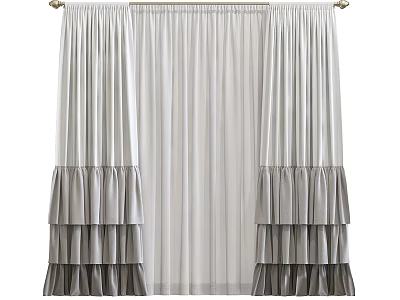 Elegant Gray And White Curtains With Layered Ruffled Sides And Sheer Center Panel 3d model