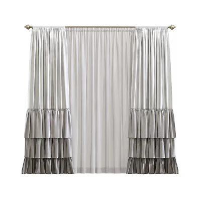 Elegant Gray And White Curtains With Layered Ruffled Sides And Sheer Center Panel 3d model
