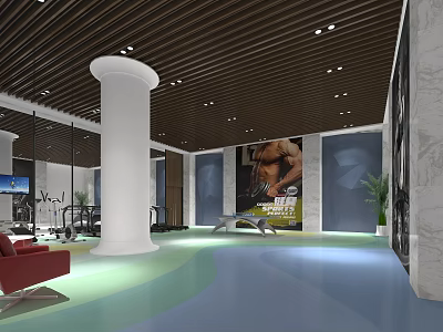Modern Shower Sauna Space In Gym With Fitness Equipment Red Chair And Marble Wall 3d model
