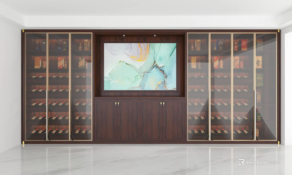 Elegant Wooden Wine Cabinet With Glass Doors Wine Racks And Central Decorative Panel 3d model 