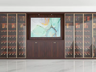 Elegant Wooden Wine Cabinet With Glass Doors Wine Racks And Central Decorative Panel 3d model