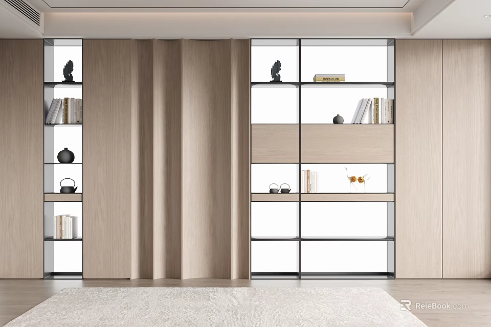 Modern Wooden Display Cabinet With Glass Doors Books And Decorative Ornaments 3d model 