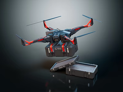Black Red Quadcopter Drone With Propellers And Open Portable Storage Case 3d model