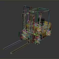 Yellow Industrial Forklift With Long Metal Forks And Driver Cabin