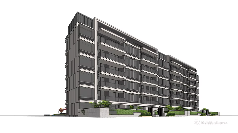 Modern Multi Story Apartment Building With Glass Windows Gray Exterior And Green Plants At Entrance 3d model 