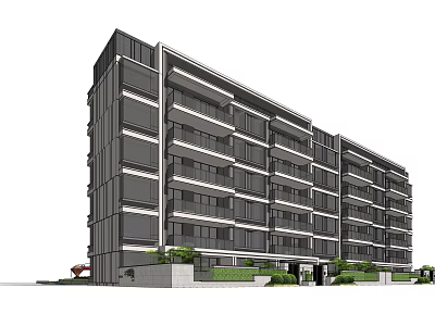 Modern Multi Story Apartment Building With Glass Windows Gray Exterior And Green Plants At Entrance 3d model