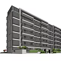 Modern Multi Story Apartment Building With Glass Windows Gray Exterior And Green Plants At Entrance