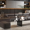 Modern Living Room Interior Design With Leather Sofa Bookshelves Coffee Table And Large Windows