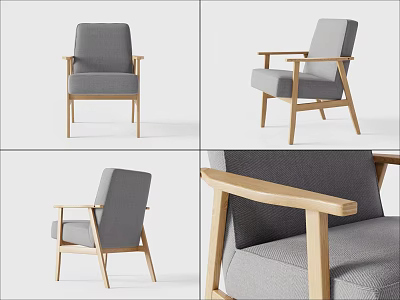 Modern Gray Fabric Armchair With Wooden Armrests And Legs Design 3d model