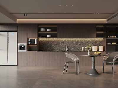 Elegant Modern Pantry Interior With Cabinets Refrigerator Microwave Countertop Table Chairs And Plants 3d model