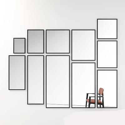 Modern Interior Wall Design With Multiple Frames Of Various Sizes And Decorative Chair 3d model