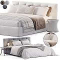 Upholstered Double Bed With Neutral Tones Multiple Pillows Plaid Comforter And Side Table 3d model