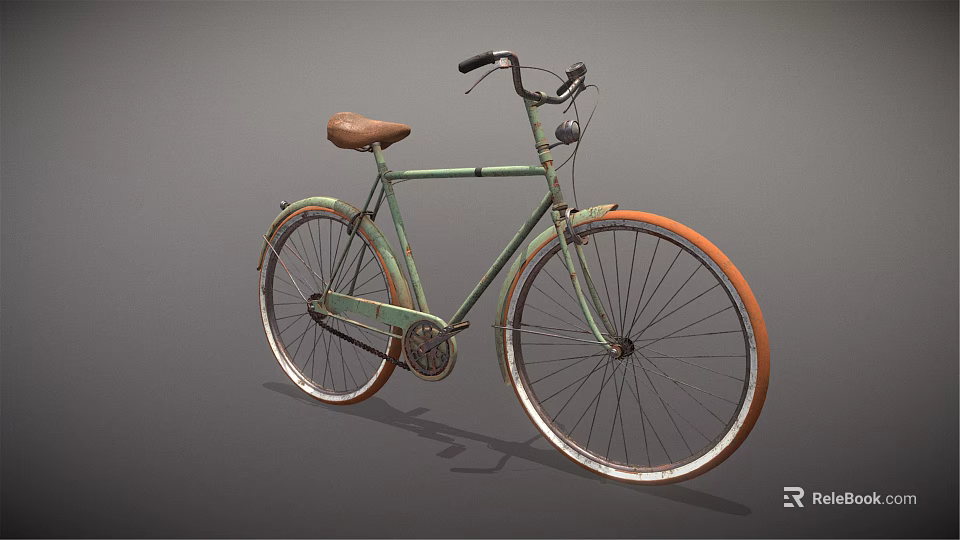Vintage Light Green Bicycle with Brown Leather Seat and Orange Rims 3d model 