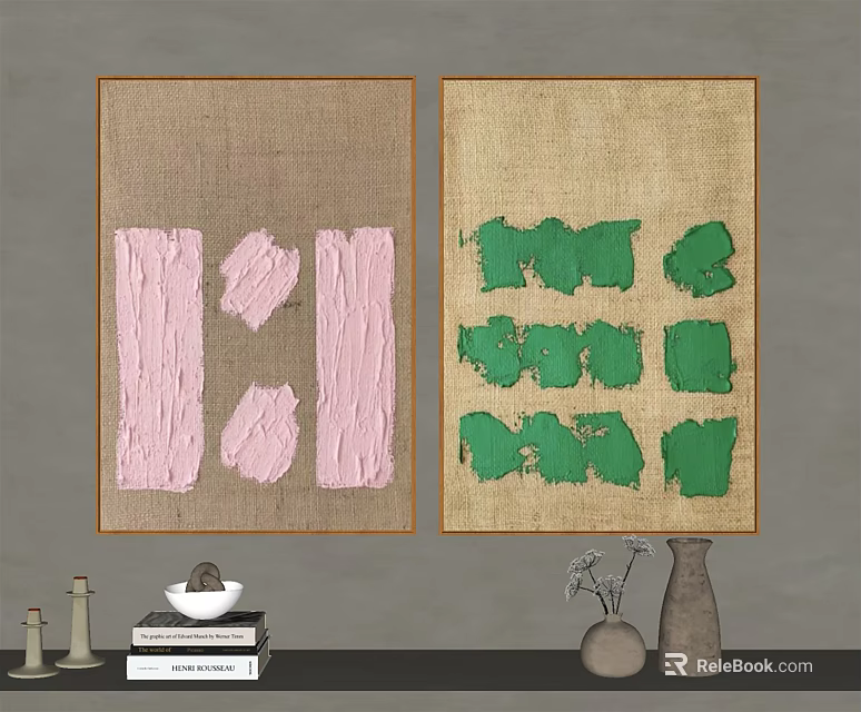 Pink and Green Abstract Wall Art on Linen Background with Brown Frames 3d model