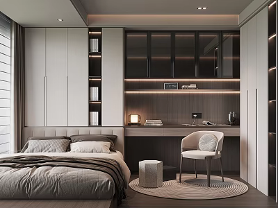 Modern Minimalist Tatami Bedroom Interior With Cozy Bed Study Desk And Storage Cabinets 3d model