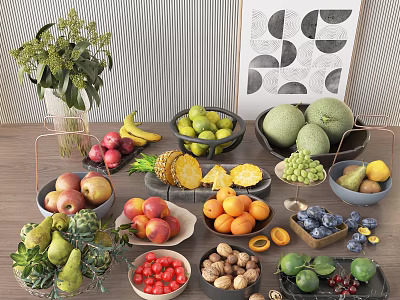 Assorted Fresh Fruits Display On Wooden Table With Bowls Plates And Framed Artwork 3d model