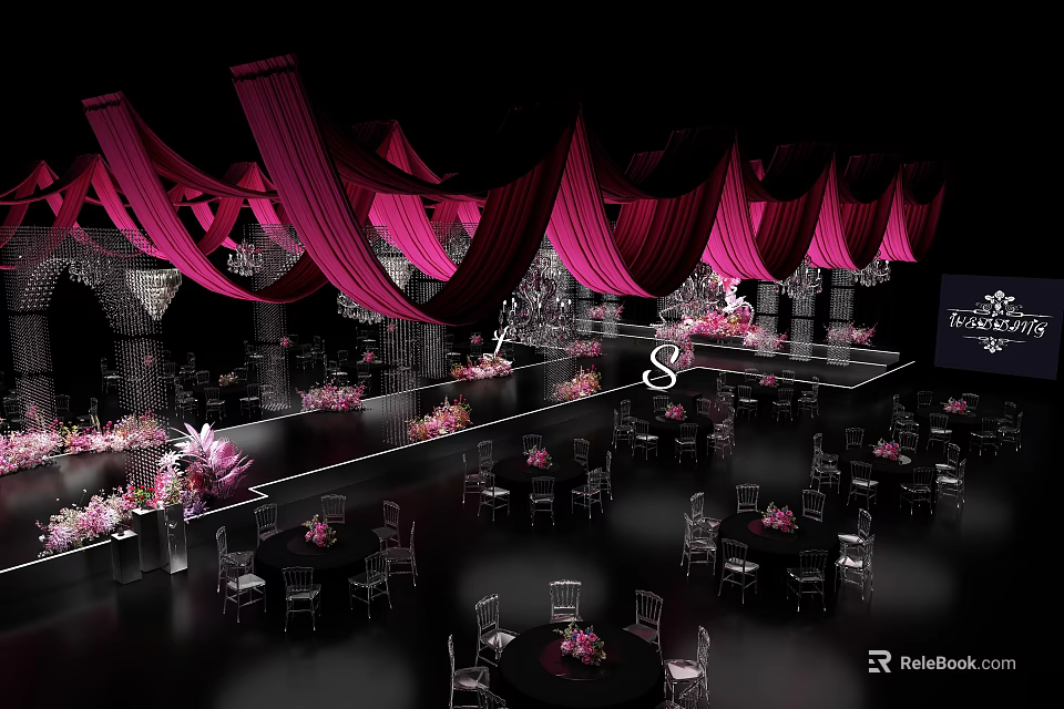 Elegant Event Stage With Pink Drapes Chandeliers And Flower Decorated Tables 3d model 