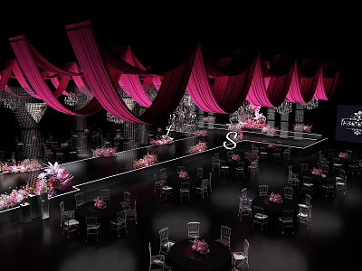 Elegant Event Stage With Pink Drapes Chandeliers And Flower Decorated Tables 3d model