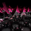 Elegant Event Stage With Pink Drapes Chandeliers And Flower Decorated Tables
