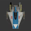 Futuristic Cosmic Spaceship Design with Blue White Color Scheme Wings Cockpit And Thrusters