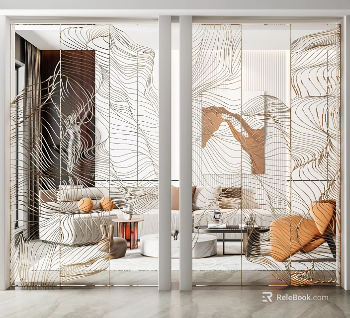 Modern Glass Room Divider Screen With Linear Design In Living Room Featuring Sofa And Armchair 3d model 