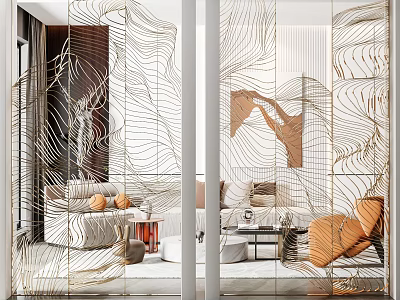 Modern Glass Room Divider Screen With Linear Design In Living Room Featuring Sofa And Armchair 3d model