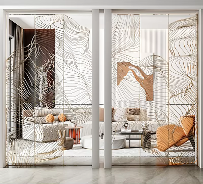 Modern Glass Room Divider Screen With Linear Design In Living Room Featuring Sofa And Armchair 3d model