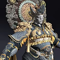 Man In Ornate Gold And Blue Armor With Elaborate Headdress Standing Beside Green Decorative Bottle