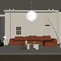 Modern Living Room Interior With Orange Sofa White Chandelier Floor Lamp And Area Rug