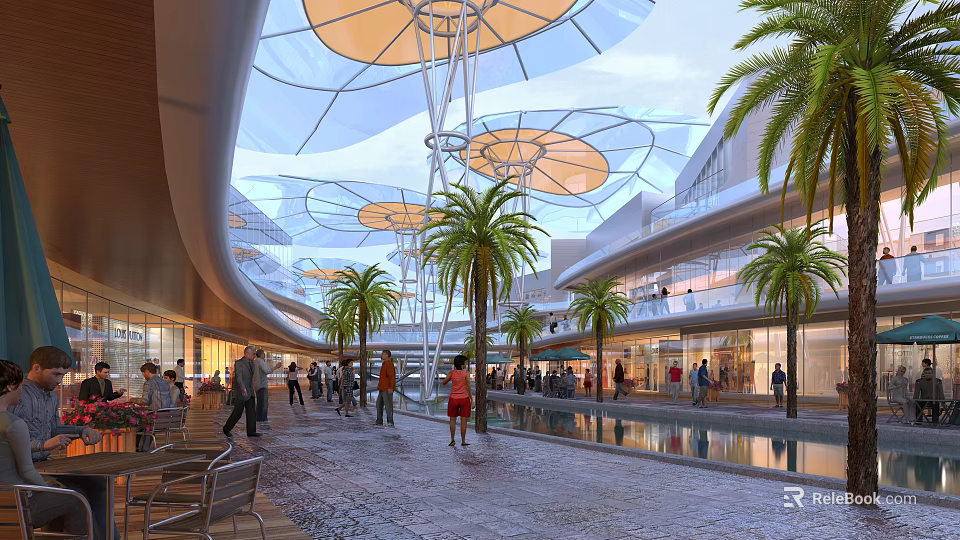 Modern Commercial Street With Transparent Roof Orange Umbrellas Palm Trees And Pedestrians By Water Pool 3d model 