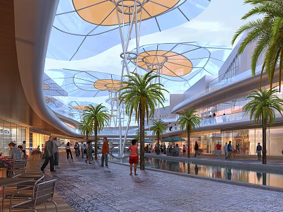 Modern Commercial Street With Transparent Roof Orange Umbrellas Palm Trees And Pedestrians By Water Pool 3d model