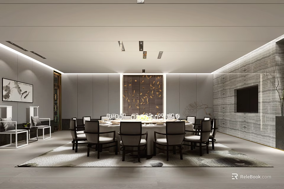 Elegant Modern Private Dining Room Interior With Large Round Table Chairs And TV 3d model 
