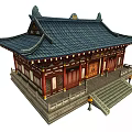 Cartoon Scene of Traditional Chinese Architecture with Curved Roof Red Doors Stone Steps and Lanterns