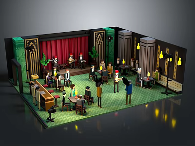 Lego Style Vintage Theater Scene With Stage Performers Audience Tables Chairs And Decorative Lighting 3d model