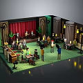 Lego Style Vintage Theater Scene With Stage Performers Audience Tables Chairs And Decorative Lighting