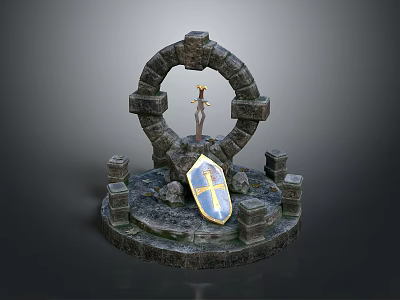 Medieval Weapon Shield With Blue Yellow Emblem On Circular Stone Structure With Pillars 3d model
