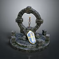 Medieval Weapon Shield With Blue Yellow Emblem On Circular Stone Structure With Pillars 3d model