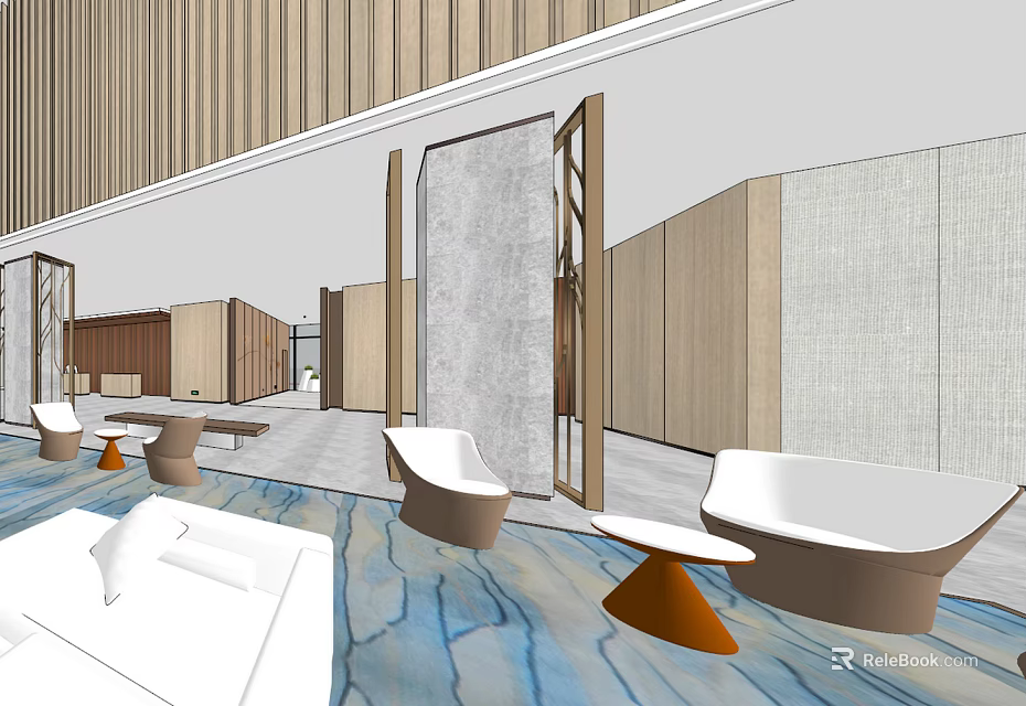 Modern Hotel Lobby Interior With Wooden Walls Stone Screens And Marble Flooring 3d model 