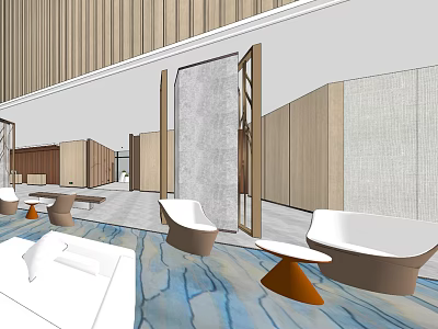 Modern Hotel Lobby Interior With Wooden Walls Stone Screens And Marble Flooring 3d model
