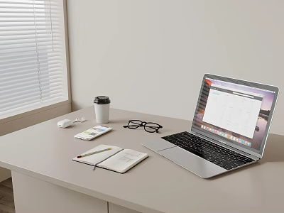 Laptop On Office Desk With Coffee Mug Glasses Phone And Notebook 3d model