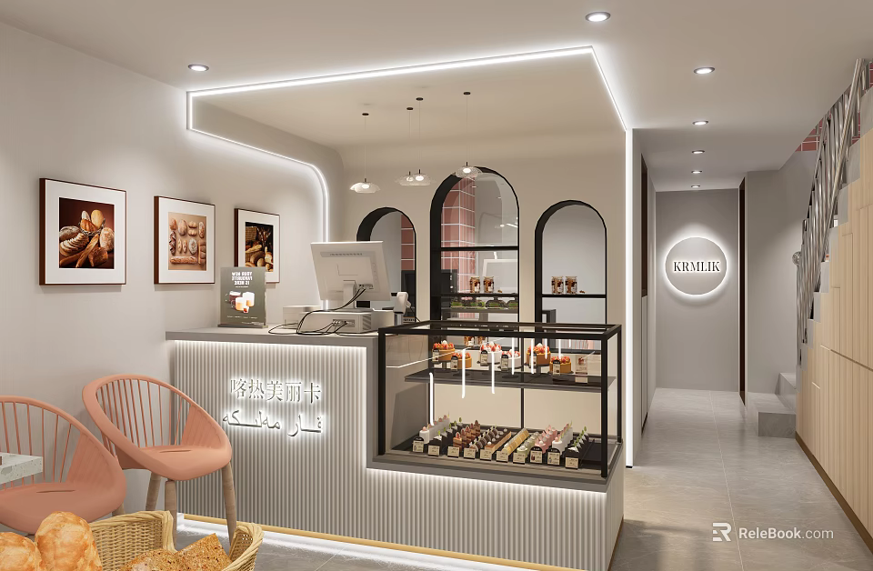 Cozy Dessert Shop Interior with Cashier Counter Display Case Pastries Decorative Paintings and Chairs 3d model 