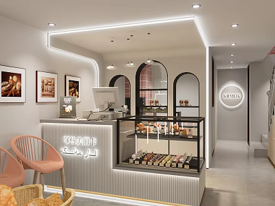 Cozy Dessert Shop Interior with Cashier Counter Display Case Pastries Decorative Paintings and Chairs 3d model