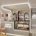 Cozy Dessert Shop Interior with Cashier Counter Display Case Pastries Decorative Paintings and Chairs