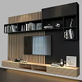 Modern TV Wall Unit with Wooden Slat Background Storage Shelves Books Decorative Items Photo Frames
