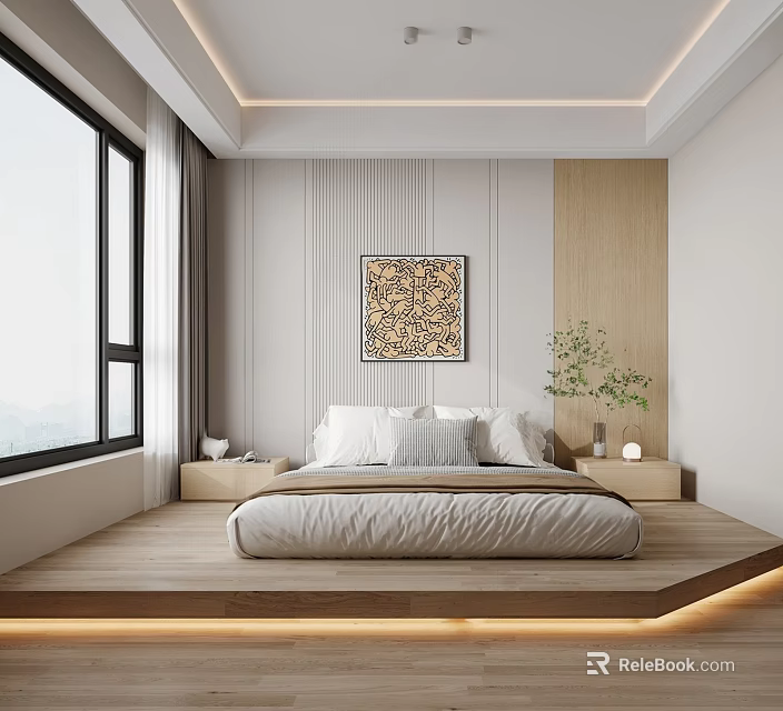 Minimalist Tatami Bedroom Interior With Wooden Flooring Large Windows Green Plants And Wall Art 3d model 