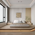 Minimalist Tatami Bedroom Interior With Wooden Flooring Large Windows Green Plants And Wall Art